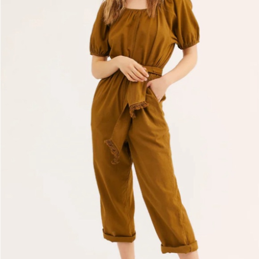 Free People Nalani Off-The-Shoulder Jumpsuit in olive green/moss